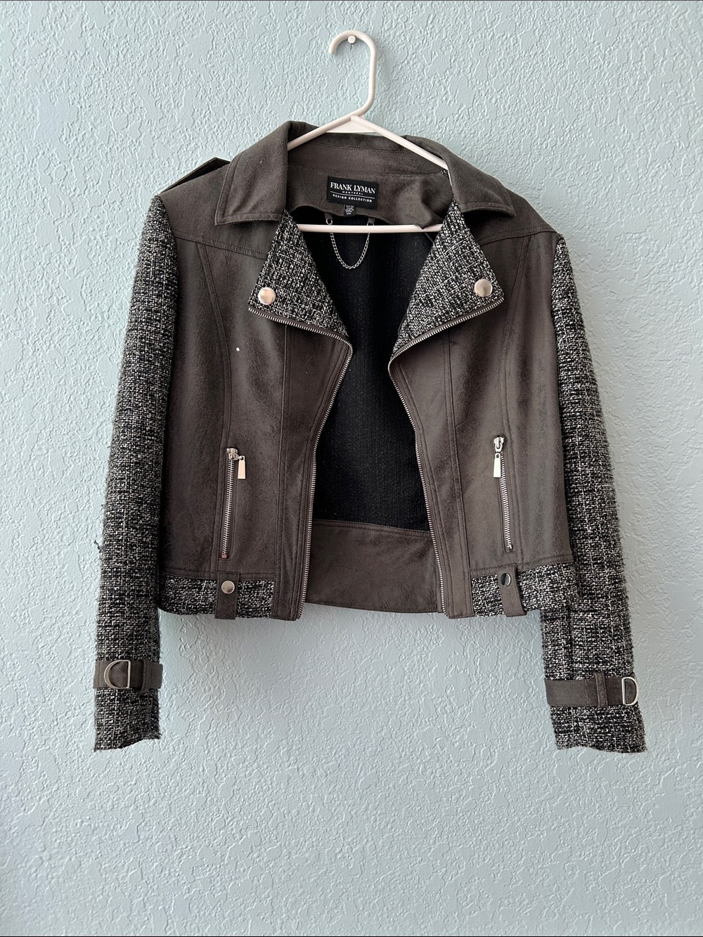 Frank Lyman Design Charcoal Mixed-Media Moto Jacket with Tweed Sleeves